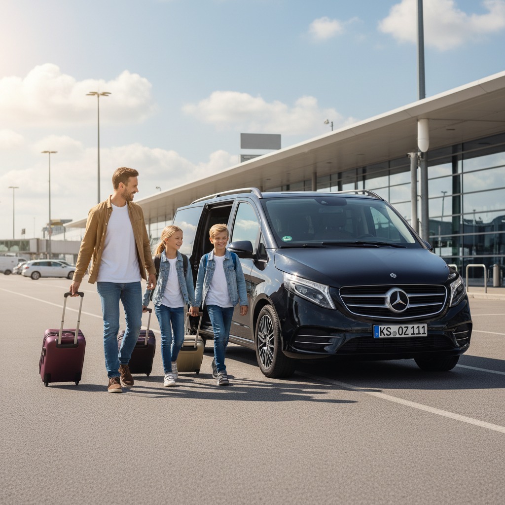 Ein Vater geht mit seinen zwei Kindern und ihrem Gepäck an einem geparkten schwarzen Mercedes-Van vor einem Flughafengebäude vorbei.