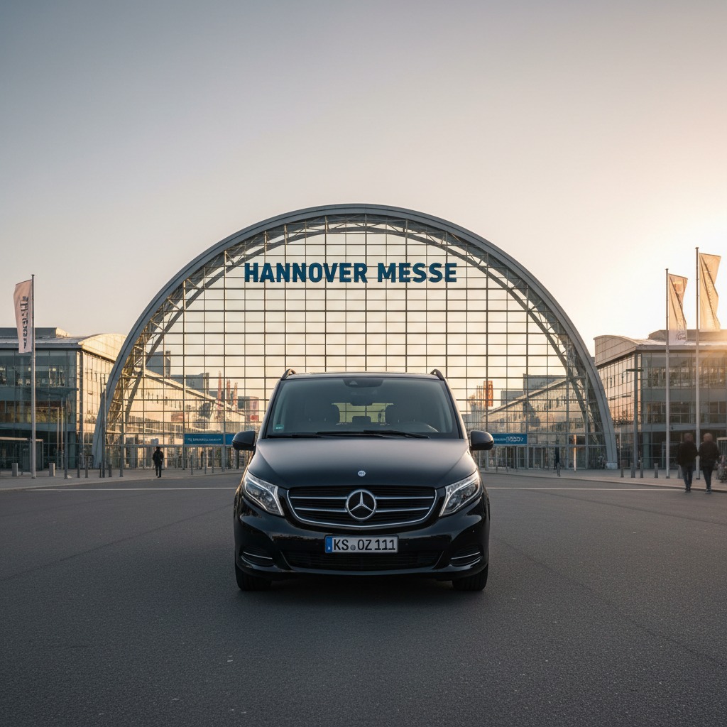 Ein schwarzer Mercedes-Benz Transporter steht auf einem leeren Platz vor dem markanten Eingangsbogen der Hannover Messe.
