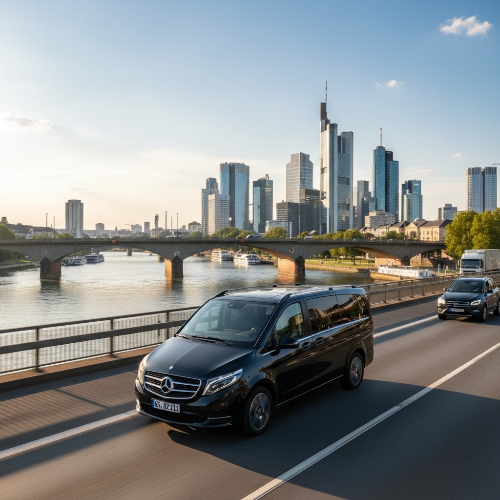 Ein schwarzer Mercedes-Benz Kleinbus fährt auf einer Brücke vor der Skyline von Frankfurt am Main.