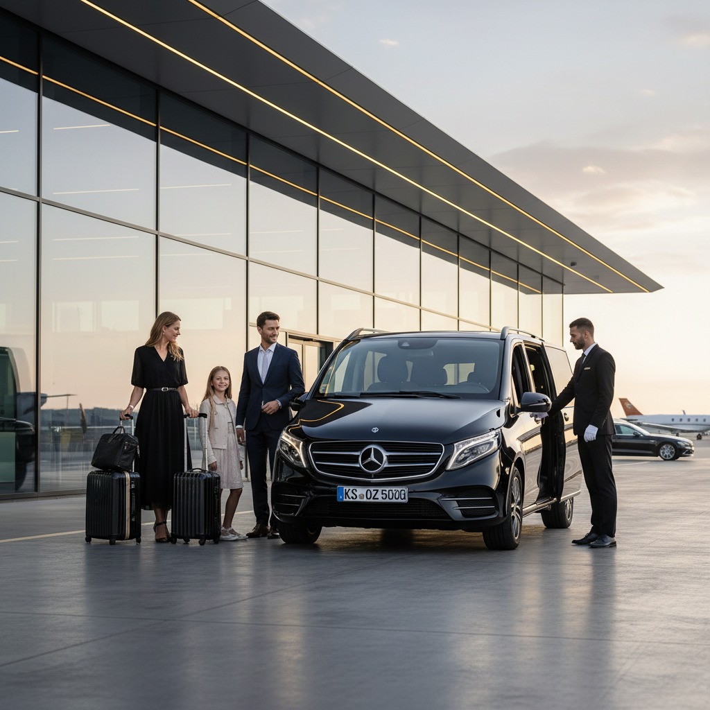 Eine Familie mit Gepäck wird vor einem modernen Gebäude von einem Chauffeur empfangen, der die Tür einer schwarzen Mercedes-Benz V-Klasse öffnet.